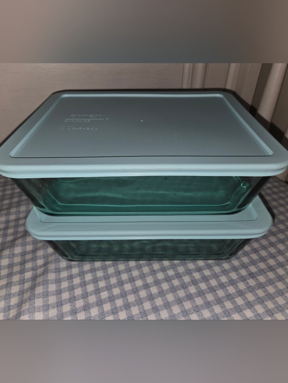 2 Pyrex® Simply Store® Tinted 11-cup Rectangle Storage with Green Plastic Lid